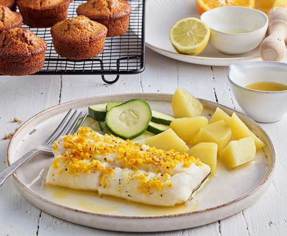 Menü: Kabeljau mit Zitrusbutter und Kartoffeln und Schokoladen-Muffins