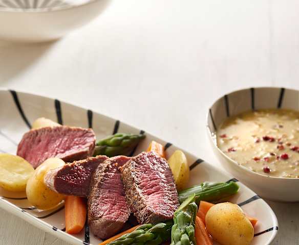 Lamb loin with pink peppercorn sauce
