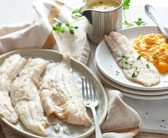 Filet de colin à la purée de courge, sauce à la moutarde