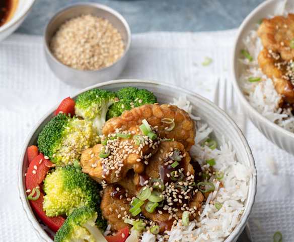 Teriyaki-Tempeh mit Reis und Gemüse Teriyaki-Tempeh mit Reis und Gemüse