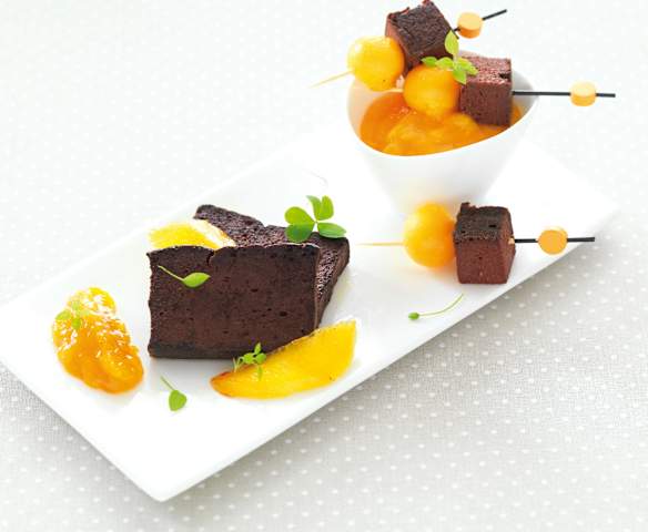 Pudim de morcela com trilogia de manga