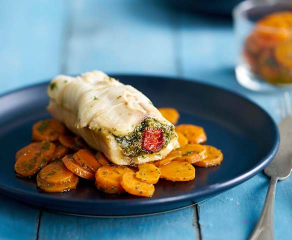 Lombos de red fish e linguiça com cenoura à algarvia