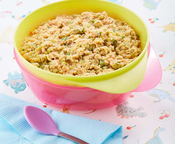 Papilla de pollo, ejote, jitomate y cilantro