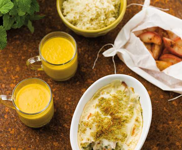 Gratinado de frango, Creme de legumes e Papelotes de fruta