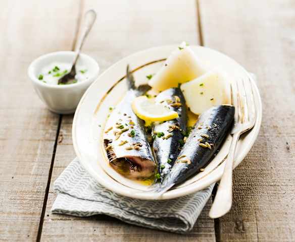 Sardines aux pommes de terre, crème à la ciboulette