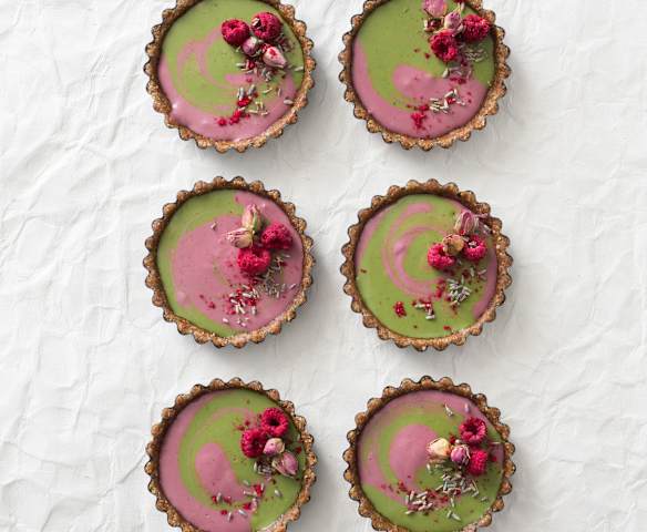 Matcha and raspberry swirled custard tarts