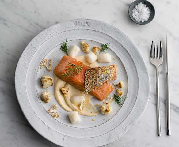 Confit salmon, Parmesan gnocchi with cauliflower cream