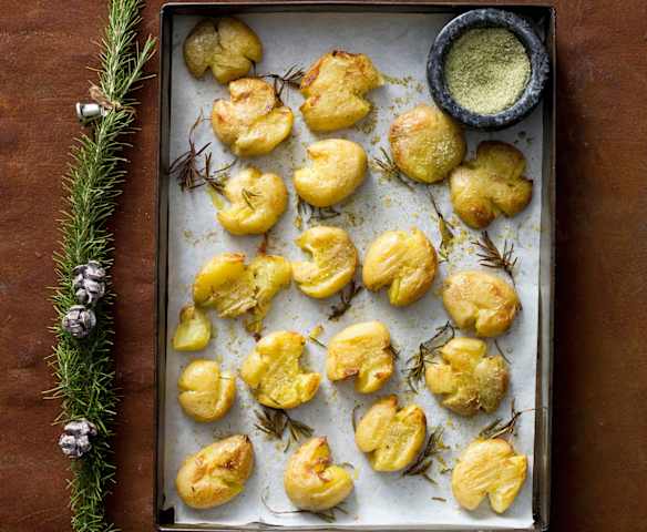 Smashed roasted potatoes with rosemary salt Smashed roasted potatoes with rosemary salt