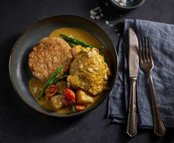 Caril de frango com ananás e arroz caribenho