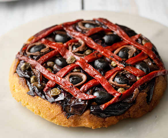 Pepper, Anchovy and Onion Cornbread Tart