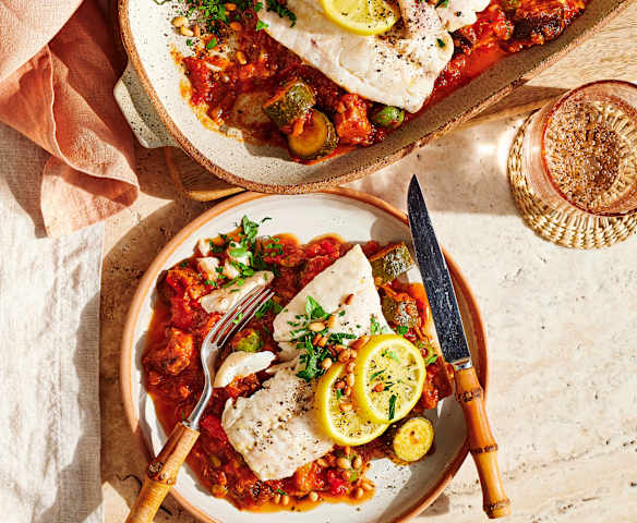 Steamed snapper with Sicilian caponata