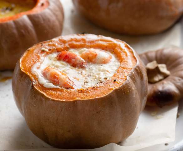 Fonduta di zucca con gamberi insaporiti Fonduta di zucca con gamberi insaporiti