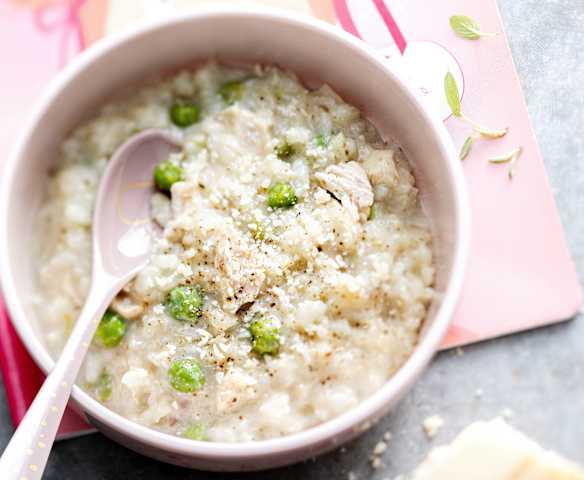 Baby-friendly Creamy Chicken, Pea and Mushroom Risotto