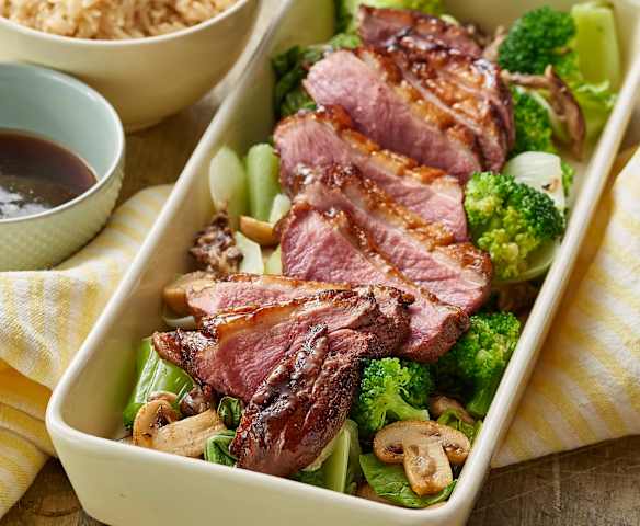 Five-spice Duck with Mushrooms, Asian Vegetables and Rice