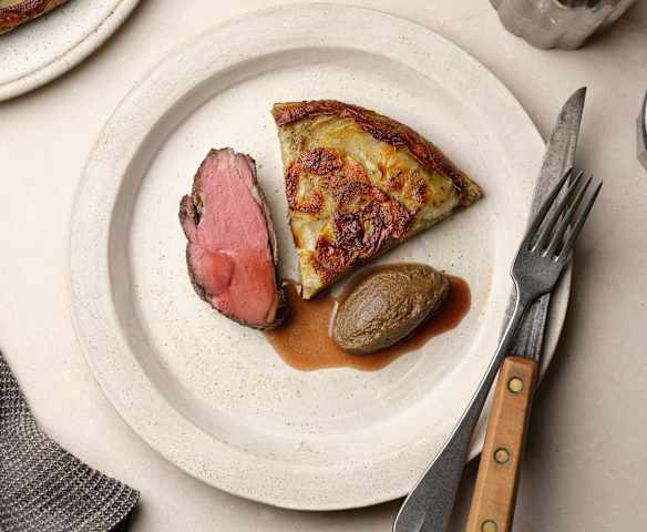 Lamb Rump with Pommes Anna and Aubergine Purée