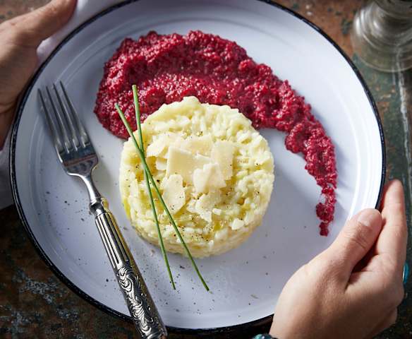 Risotto au poireau et mousse de betterave au chèvre
