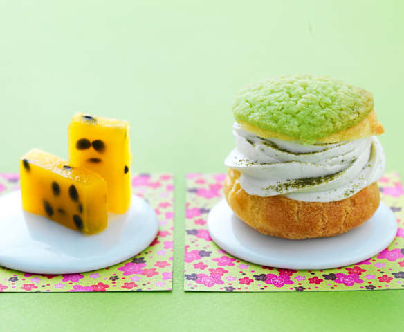 Choux au thé matcha, cœur fruit de la Passion