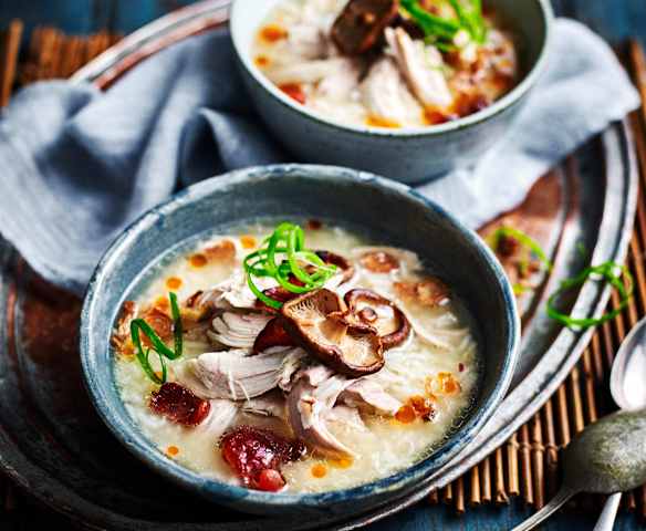 Easy chicken congee with Chinese sausage and mushrooms