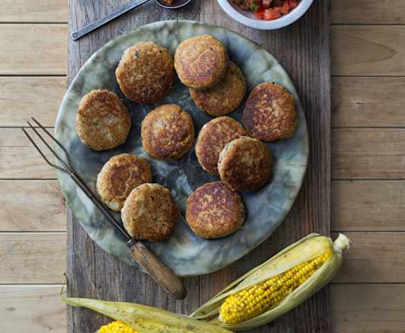 Ricotta patties with chilli lime corn