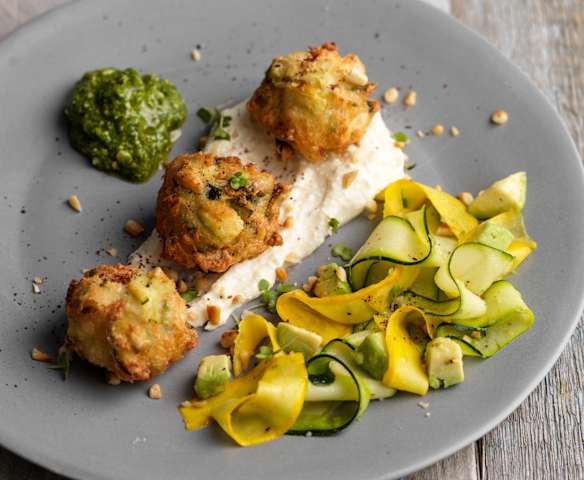 Courgette and Avocado Beignets with Feta Cream, Coriander Chilli Pesto and Salad