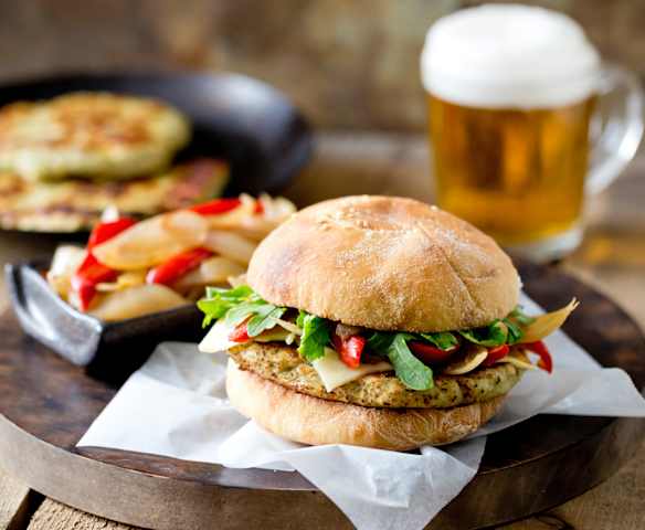 Turkey burgers with caramelised onion and capsicum Turkey burgers with caramelised onion and capsicum