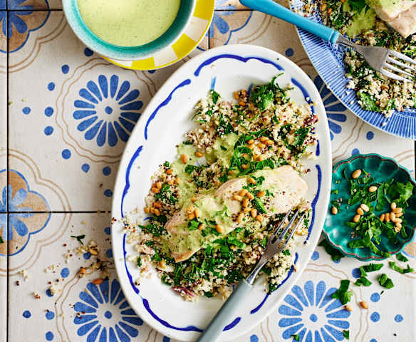 Fish with herb tahini sauce & quinoa cauli tabbouleh