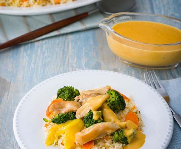 Arroz basmati con verduras y pollo al curry de mango