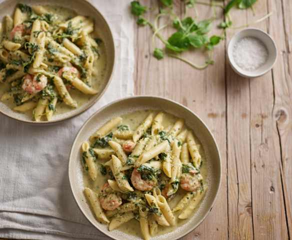 Penne aux crevettes, sauce verte