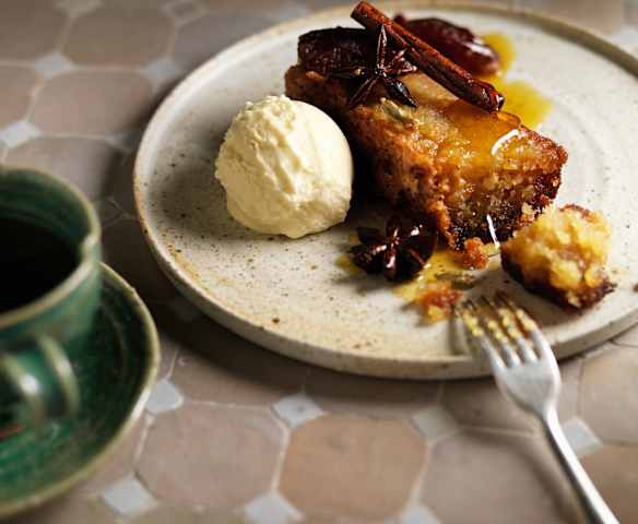 Date, orange and olive oil cake with salted white chocolate ice cream (Shane Delia)