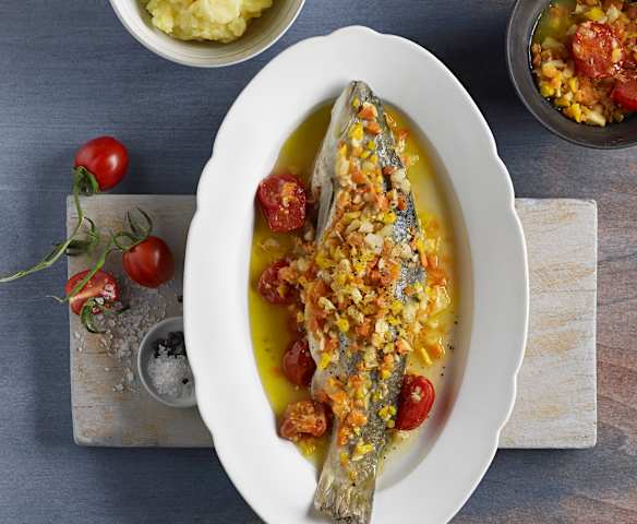 Saibling mit Wurzelgemüse und Erdäpfelstampf