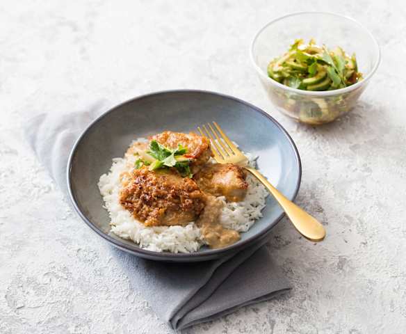 Chicken in peanut sauce with chilli-cucumber salad