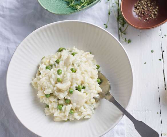 Risotto au cabillaud et petits pois à la menthe