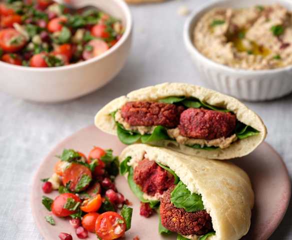 Beetroot Harissa Falafel; Sumac-spiced Houmous; Tomato Pomegranate Salad with Perfect Pitta Beetroot Harissa Falafel; Sumac-spiced Houmous; Tomato Pomegranate Salad with Perfect Pitta