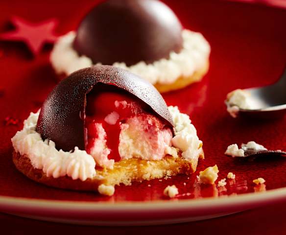 Dôme, chocolat, citron et coulis de framboises