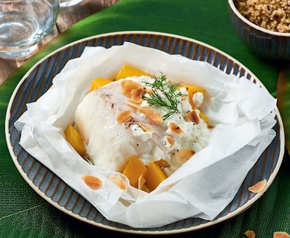 Papillotes de cabillaud à la mangue Papillotes de cabillaud à la mangue