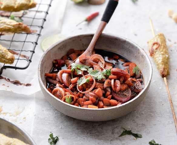 Balinese-style Minced Chicken Satay with Pickled Vegetables