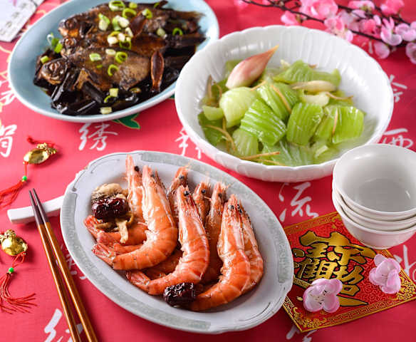 蔥燒鯽魚、百合芥菜&花雕醉蝦