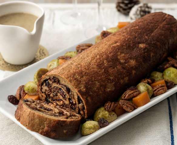 Seitan Roulade with Cranberry Stuffing and Vegan Gravy