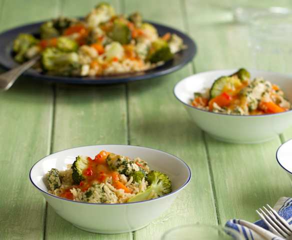 Pollo all'orientale con riso e verdure al vapore