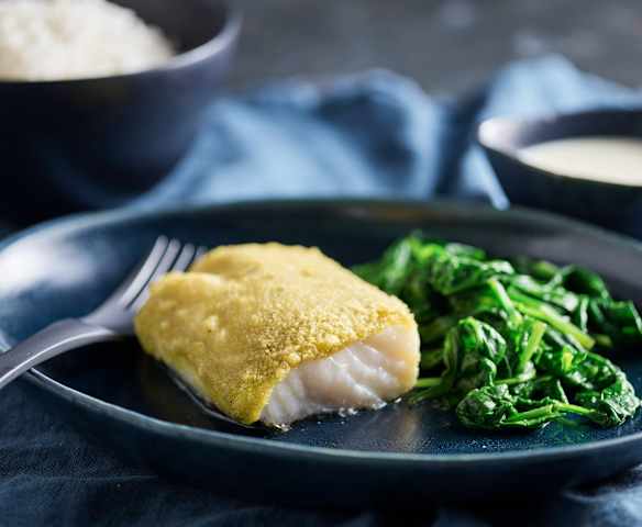 Cod in Herb Crust, Rice and Lemon Sauce