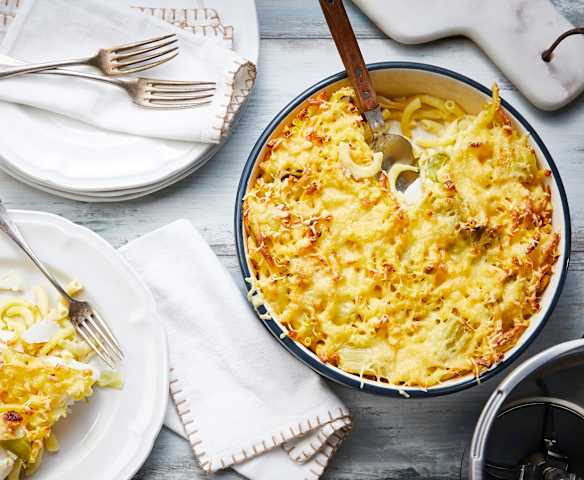 Gratin de pâtes au poisson et poireaux
