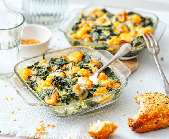 Gratin de champignons, courge et épinards