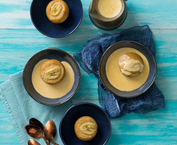 Steamed banana puddings with honey ginger crème anglaise