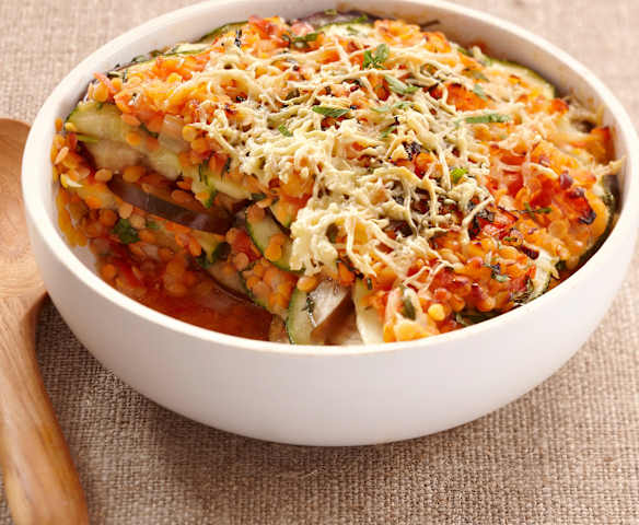 Aubergine, Courgette and Red Lentil Gratin