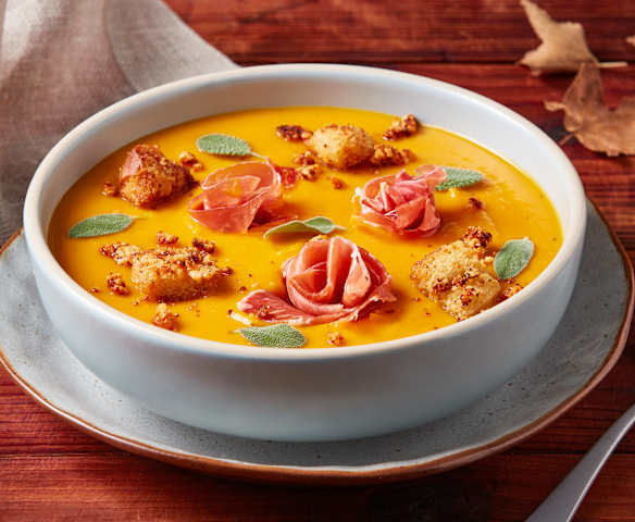 Maple Sweet Potato Soup with Parmesan Croutons