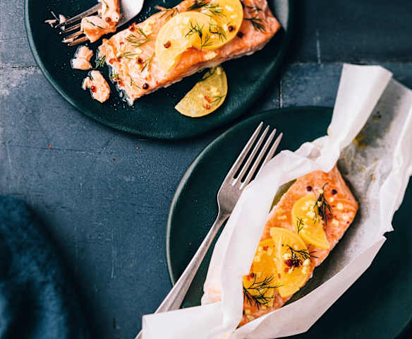 Papillotes de saumon, citron confit-gingembre Papillotes de saumon, citron confit-gingembre