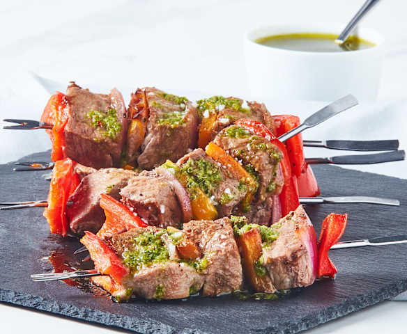 Grilled Steak Skewers with Kale Chimichurri