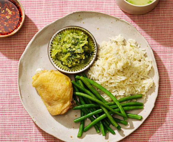 Chicken, Rice and Green Beans with Ginger and Spring Onion Oil