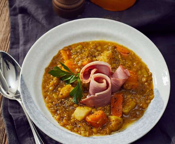 Linseneintopf mit Kürbis und Gans