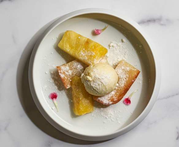 Butter Mochi with Pineapple Sherbet (Matthew Kenney) Butter Mochi with Pineapple Sherbet (Matthew Kenney)
